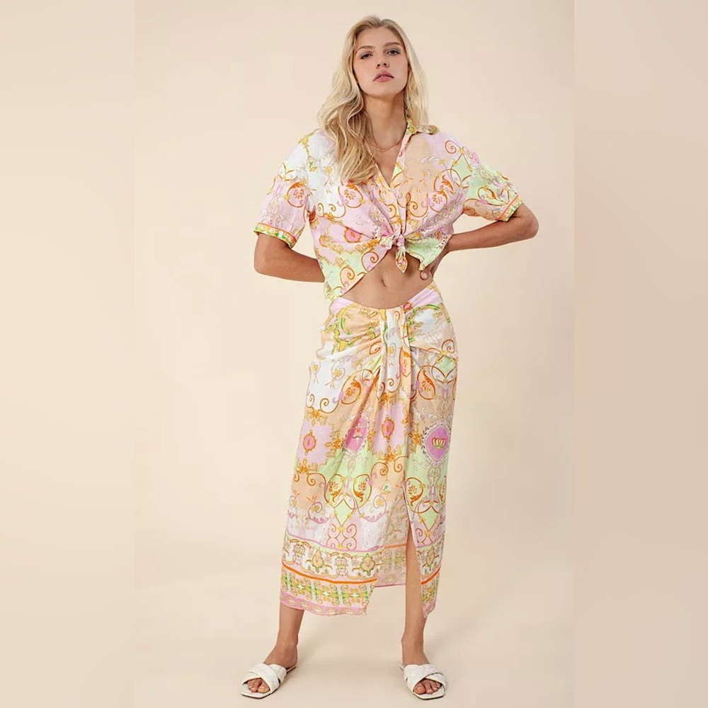 NWT HALE BOB Sophrona Pastel Paisley Print Drape Front Linen Skirt Size S Summer